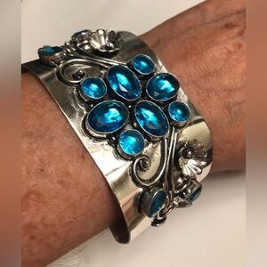 Blue Topaz Stamped Solid 925 Sterling Silver Cuff Bracelet